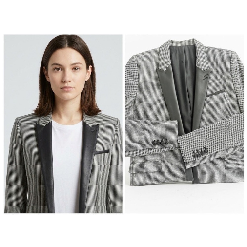 The Kooples Houndstooth Blazer Women 40 Black White Leather Trim Cropped Tuxedo